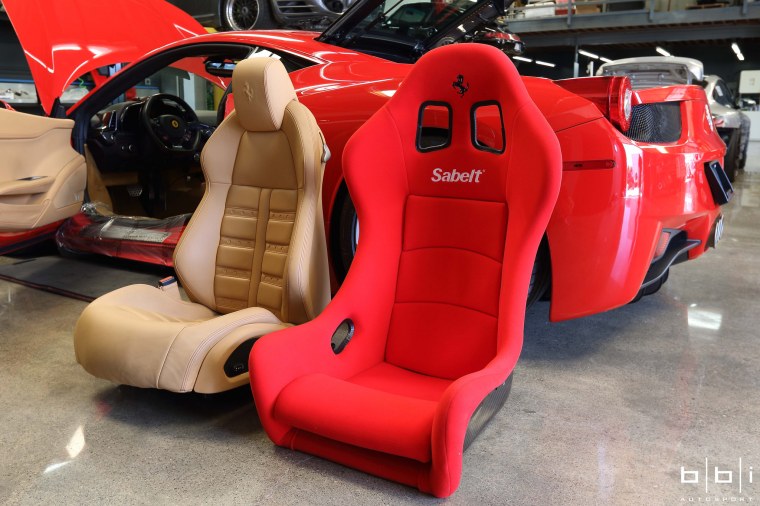 Ferrari 458 OEM Seat and Ferrari Sabelt dry carbon seat comparison. Ferrari 458 OEM Seat Weight. Photo: Jerry Truong / BBi Autosport